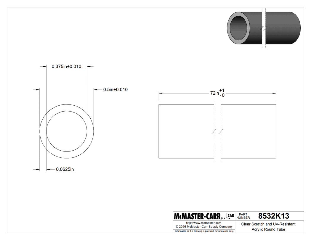 Technical Drawing of Clear Scratch and UV-Resistant Acrylic Round Tube, 1/16" Wall Thickness, 1/2" OD, 3/8" ID, 6 Feet Long.